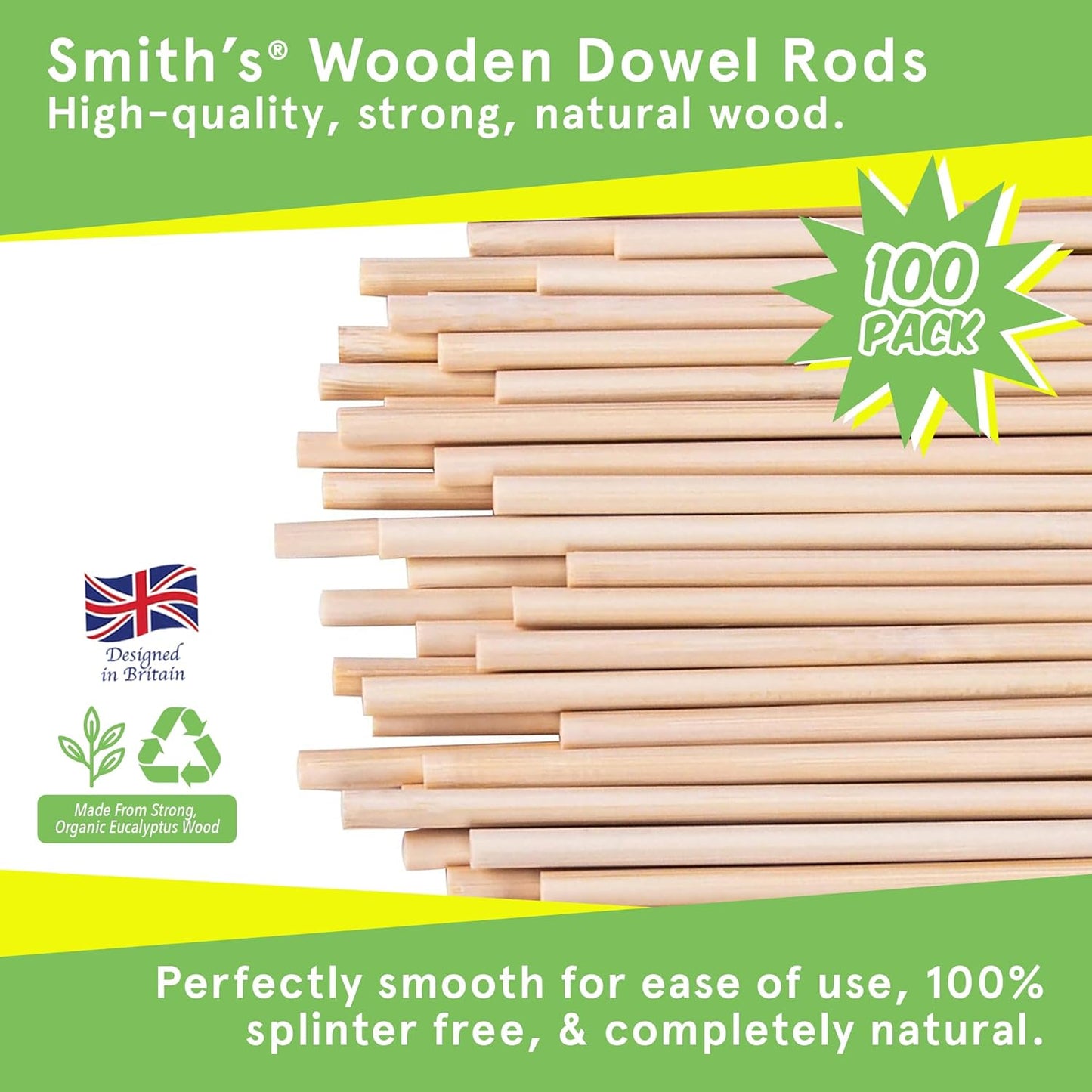 Wooden Dowel Rods by Smith’s® (100 Pack / 15cm x 4mm) | Unfinished, Natural, Organic Wood Sticks