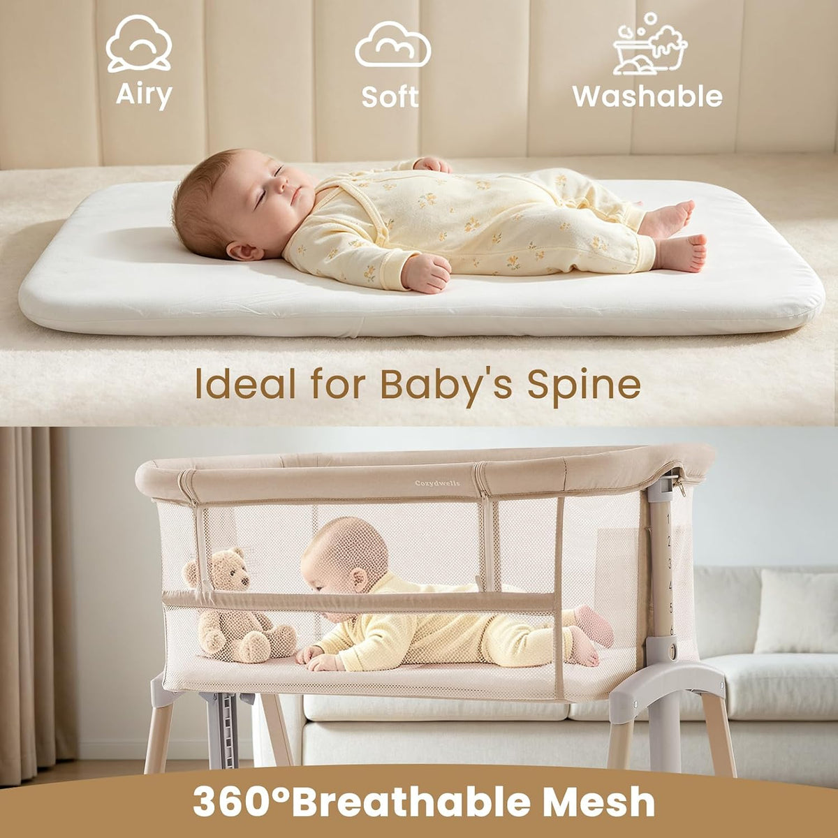 Next To Me Crib – Adjustable Baby Bed with Dropside, Premium Mattress, Breathable Mesh & Storage Shelf - No-Tool Assembly Bedside Baby Crib, Bassinet for Newborns 0–6 Months (Beige)