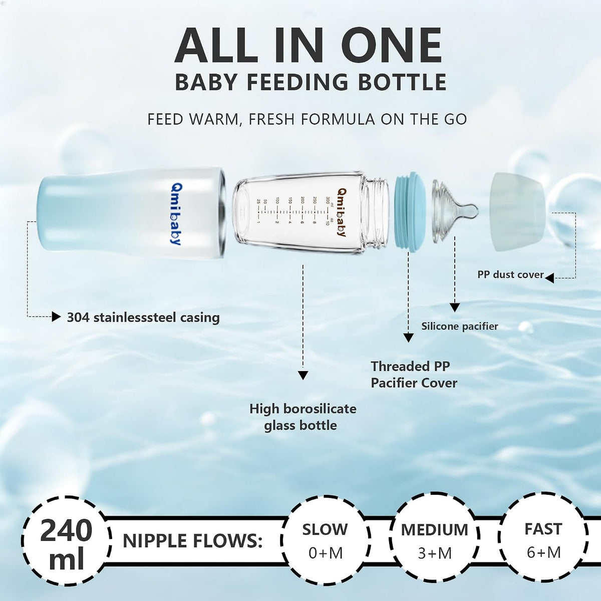Glass Baby Bottle, Includes Insulated Stainless Steel Sleeve, Newborn Anti-Colic Baby Bottle with Slow Flow Nipple, Leak Proof Insulated, Plastic-Free, BPA-Free, 0-3 Months, 8 oz