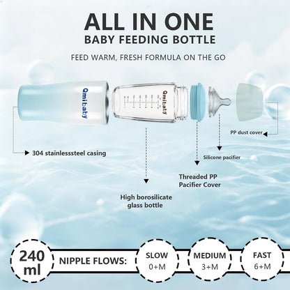 Glass Baby Bottle, Includes Insulated Stainless Steel Sleeve, Newborn Anti-Colic Baby Bottle with Slow Flow Nipple, Leak Proof Insulated, Plastic-Free, BPA-Free, 0-3 Months, 8 oz