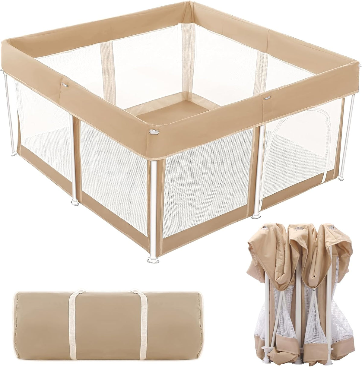 cosyumhy 127 x 127 cm Foldable Baby Playpen, Portable Playpen with Door, Indoor/Outdoor Activity Center for Infants,Khaki