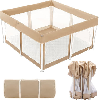 cosyumhy 127 x 127 cm Foldable Baby Playpen, Portable Playpen with Door, Indoor/Outdoor Activity Center for Infants,Khaki