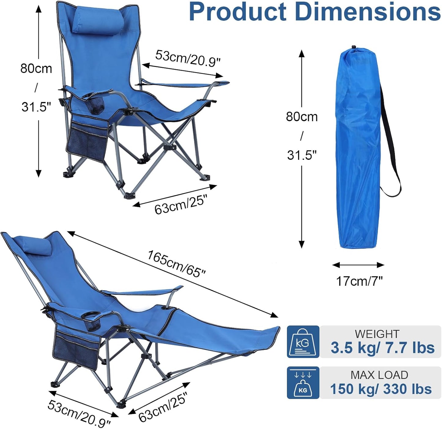 Neloheac heavy duty reclining camping chair with adjustable back and side storage pocket