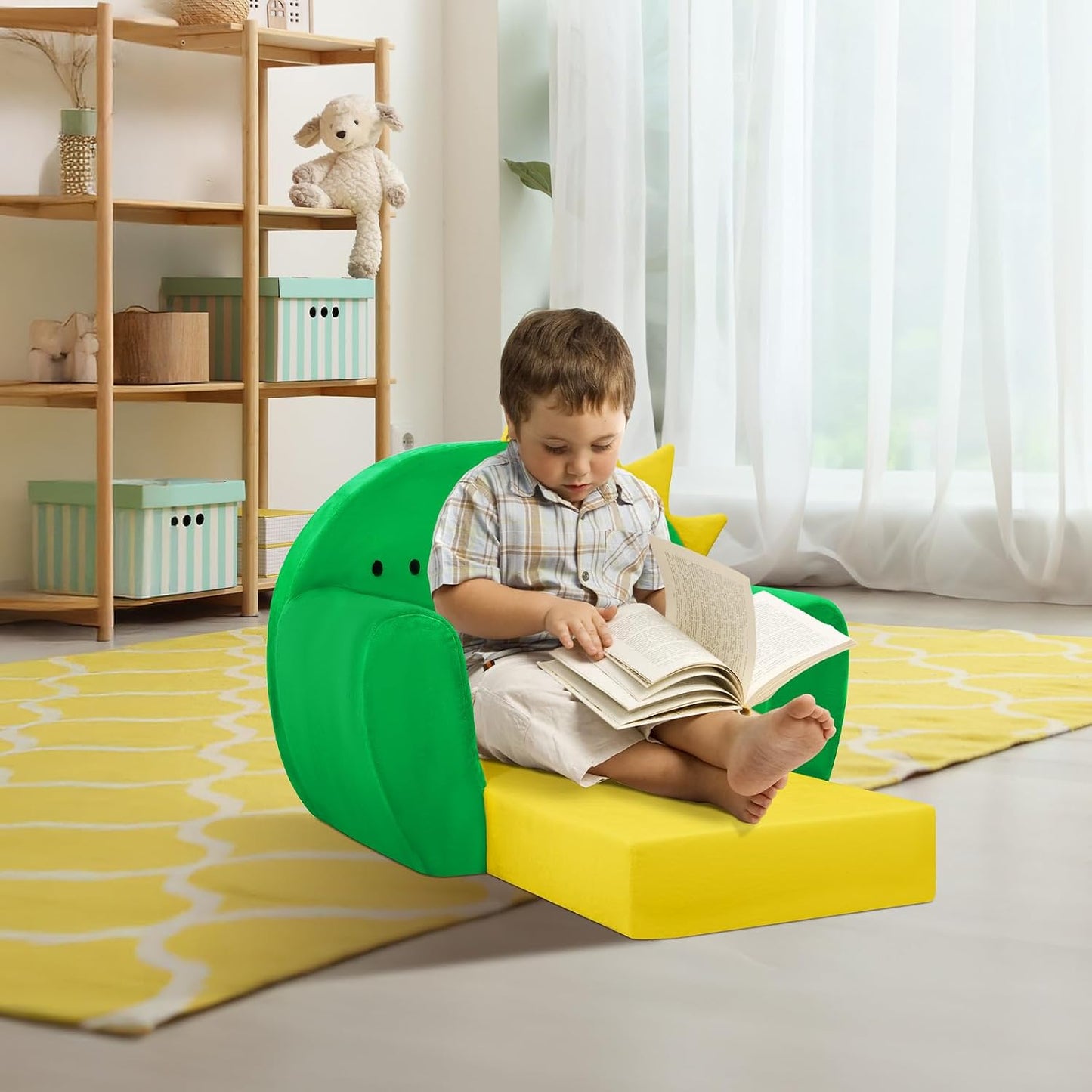 Kids Sofa Bed Dinosaur 2-in-1 Foldable Toddler Couch for Girls Boys Green