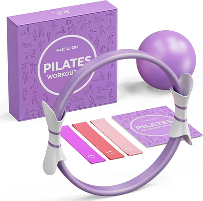 Pilates Ring Set - Fuelion Pilates Kit with 14" Magic Circle Dual Padded Handles,9.8" Mini Ball,3 Resistance Bands(15, 25, 35 lbs),Pump&Workout Guide,Pilates Equipment for Strength,Flexibility,Toning