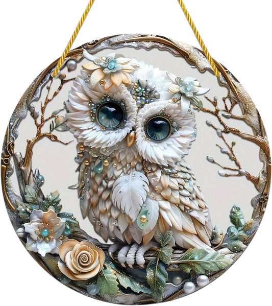 Round Acrylic 2D Owl Sun Catchers for Windows, Hanging Garden Ornaments Outdoor, 20cm/7.87inch Suncatcher Wall Art Outdoor Weather-Resistant Wall Art for Garden Fence Decorations, Gift for Plant Lover