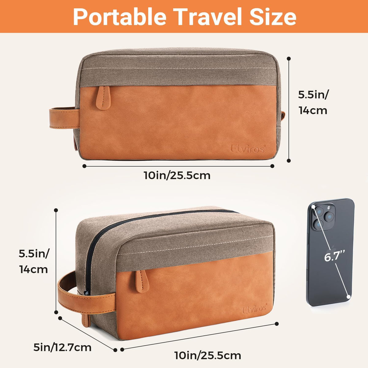 Elviros Travel Toiletry Bag for Men, Hanging Toiletries Bag Water Repellent Dopp Kit PU Leather Travel Wash Bag for Toiletries Accessories,Gift for Men (Khaki)