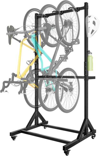 monTEK Freestanding Bike Stand for 3 Bikes & 4 Helmets, Heavy Duty Steel Bike Stroage Rack with Wheels, Adjustable Height, Mobile Bike Floor Stand for Indoor & Garage, Holds up to 95kg