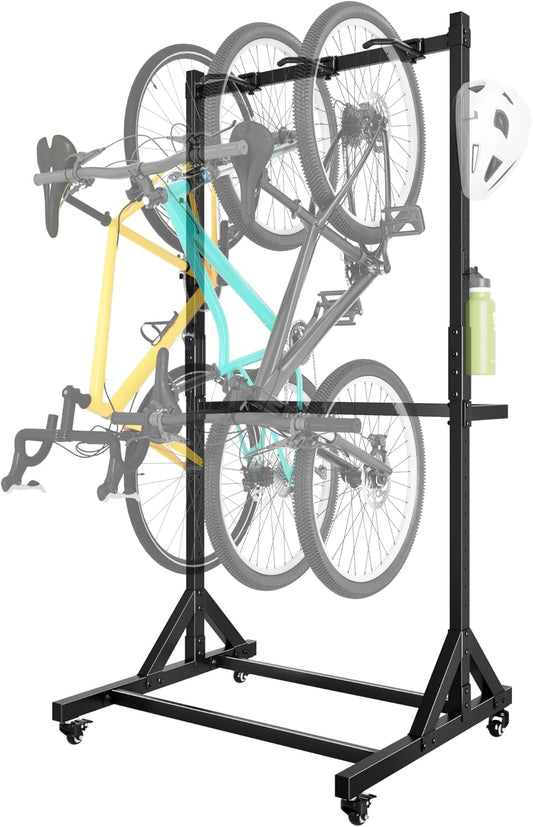 monTEK Freestanding Bike Stand for 3 Bikes & 4 Helmets, Heavy Duty Steel Bike Stroage Rack with Wheels, Adjustable Height, Mobile Bike Floor Stand for Indoor & Garage, Holds up to 95kg