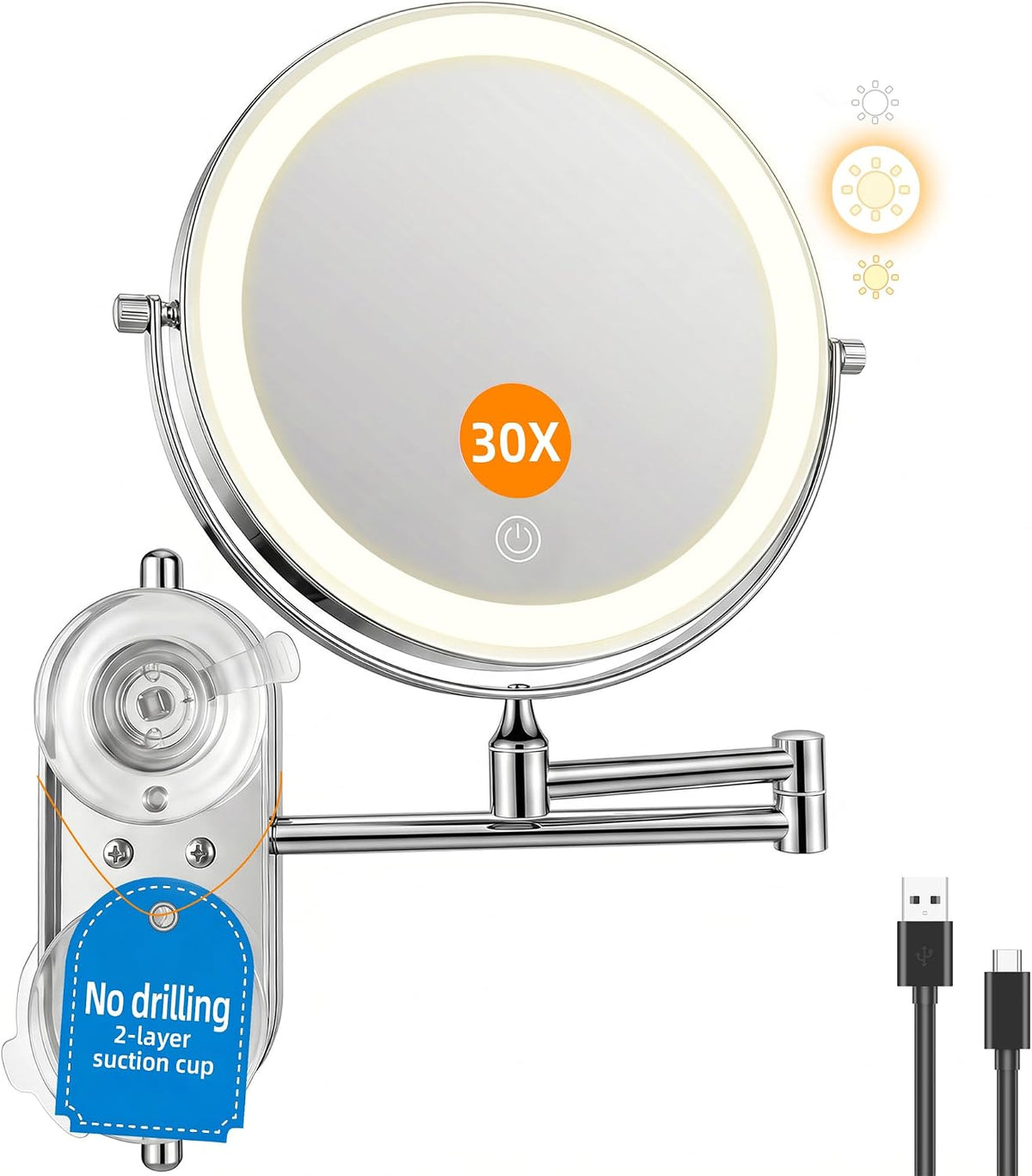 iCare 8'' Shaving Mirror Wall Mounted With Light - 1X/30X Magnifying Mirror