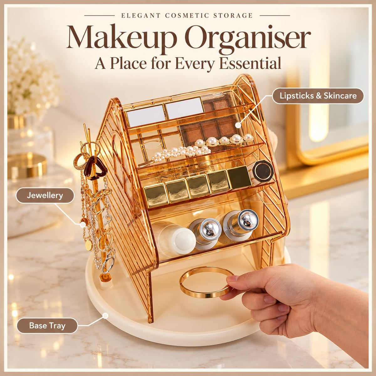 360° Rotating Makeup Organiser Jewellery Stand Amber Gold