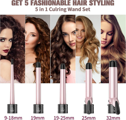 5 in 1 Hair Curler with LCD Display and 5 Interchangeable Ceramic Barrel