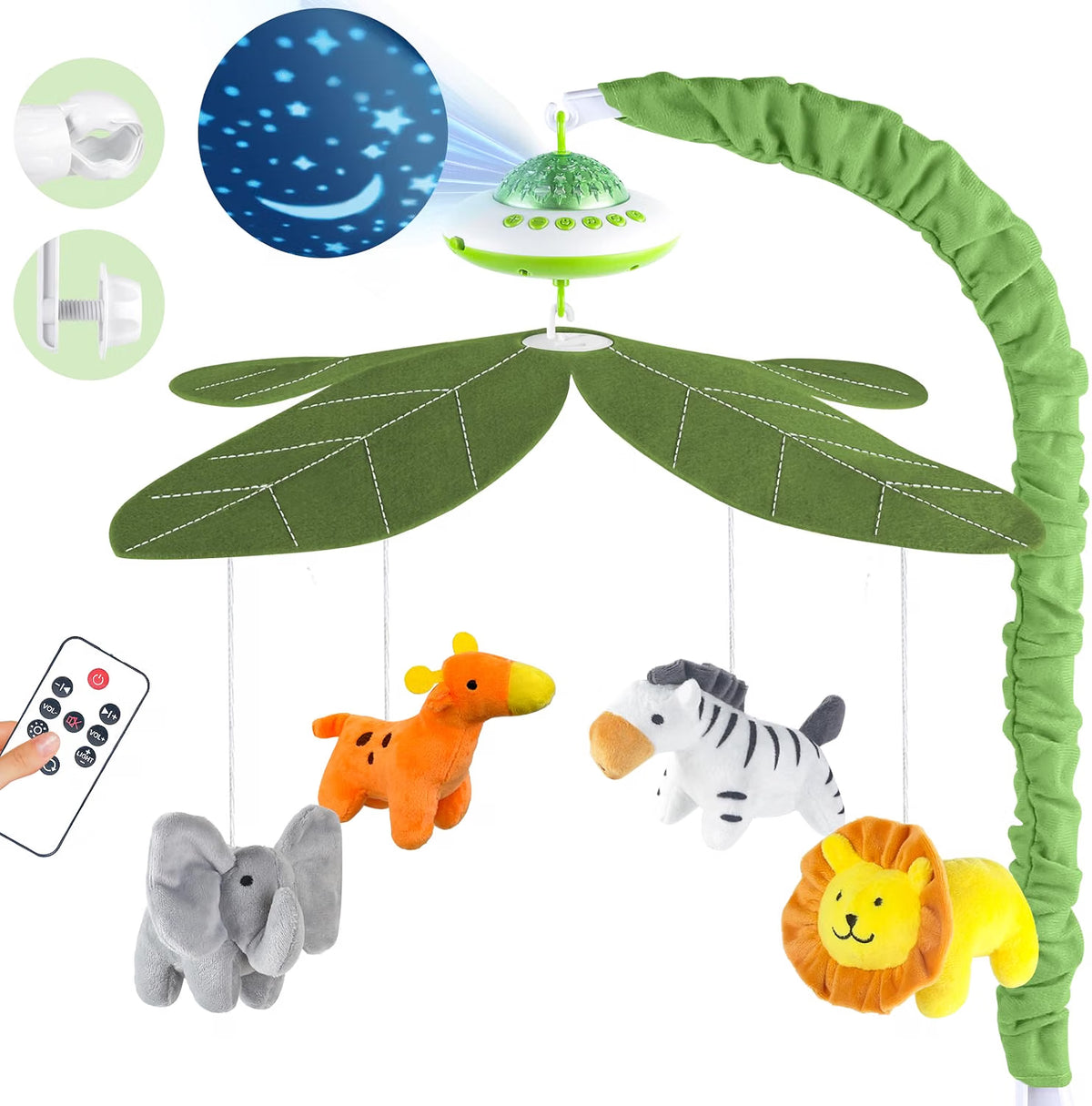VZO Baby Cot Mobile, Crib Mobile with Music and Projection, Musical Cot Mobiles for Babies, Baby Nursery Cot Mobile Decor Green