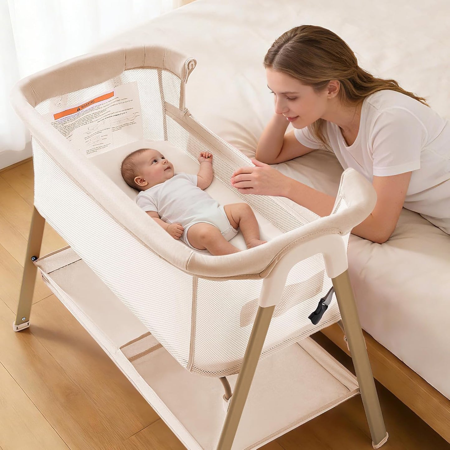 Next to Me Crib, 3 in 1 Baby Beside Crib for Babies from Birth to 9kg, Portable Travel Cot Bed with Wheels, Storage, Mosquito Net and Mattress Baby Co-Sleeper for Newborn Infant Beige