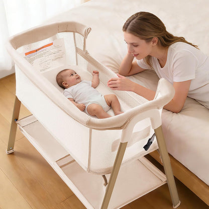 Next to Me Crib, 3 in 1 Baby Beside Crib for Babies from Birth to 9kg, Portable Travel Cot Bed with Wheels, Storage, Mosquito Net and Mattress Baby Co-Sleeper for Newborn Infant Beige