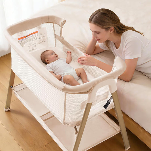 Next to Me Crib, 3 in 1 Baby Beside Crib for Babies from Birth to 9kg, Portable Travel Cot Bed with Wheels, Storage, Mosquito Net and Mattress Baby Co-Sleeper for Newborn Infant Beige