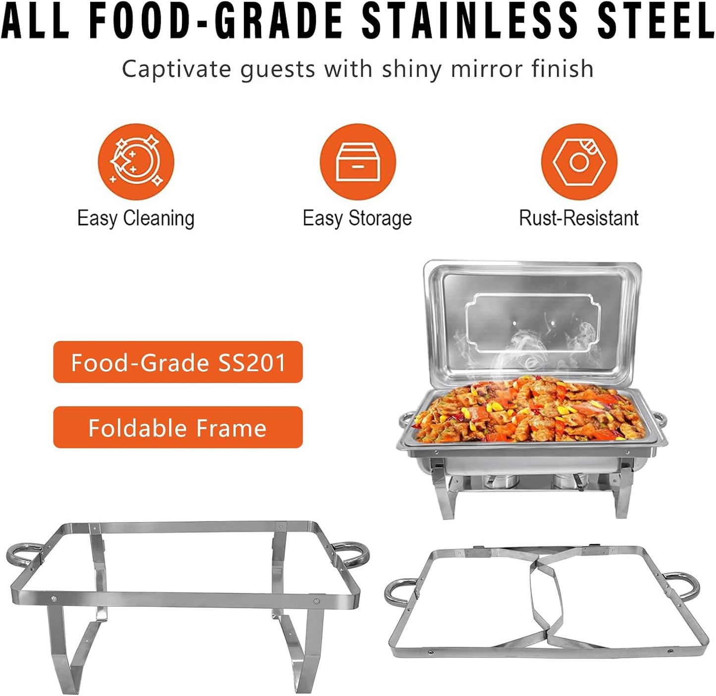8 Qt Chafing Dish Stainless Steel Silver Rectangular Catering Food Warmer with Trays Pan Lid Folding Frame Stand for Banquet Dining Kitchen Party