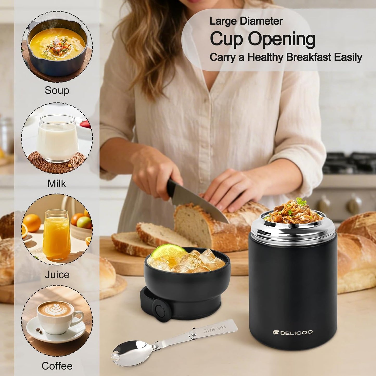Food Flask, 600ml (21oz) 316 Stainless Steel Vacuum Insulated Food Container, Food Flasks for Hot/Cold Food, Leak Proof Soup Containers with Bag & Spoon (Black)
