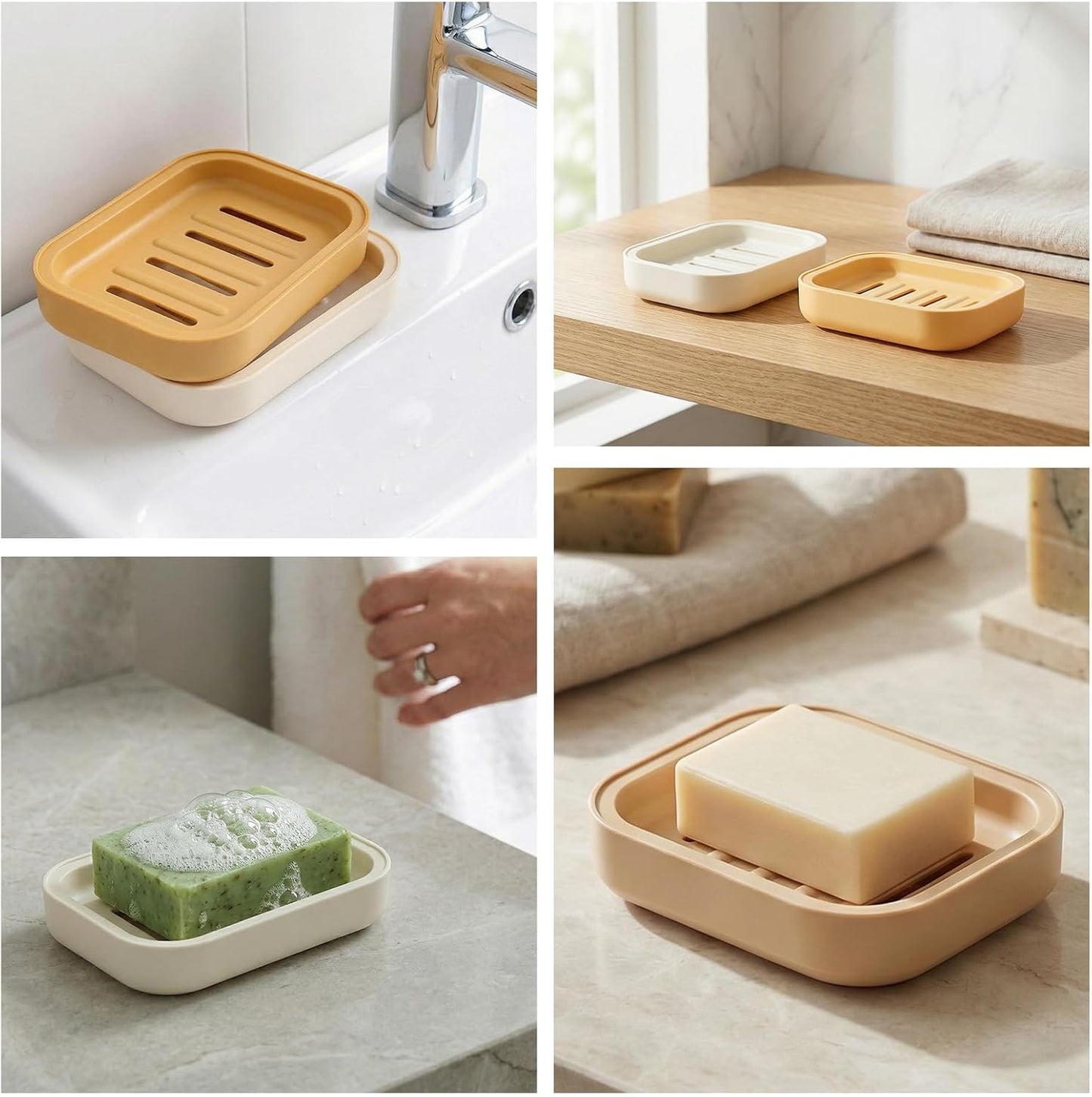 2PCS Soap Dish, Soap Dish for Shower, Double Soap Dish with Drainage, Anti-Slip and PortableSoap Holder for Bathroom, Kitchen Sponges, Keep Soap Dry and Clean(White & Khaki)