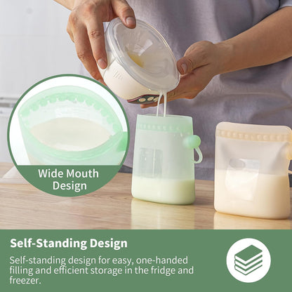 Reusable Silicone Breast Milk Storage Bags with Wide Opening, Double-Seal Design, One-Piece, Fridge and Freezer Storable (Green, 7 Packs)