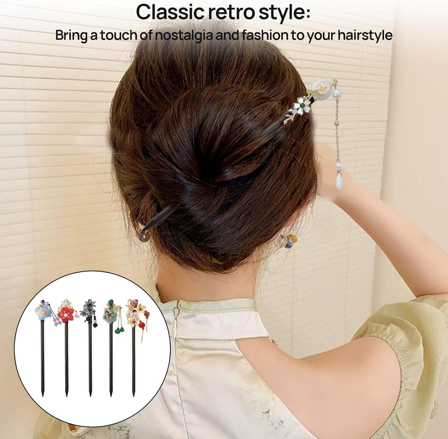 5 Pack Chinese Wood Hair Sticks With Tassel, Dangling Crystal Beads, Charm Fork - Long Straight Chopstick Picks for Twist Bun Holder - Women's Accessories