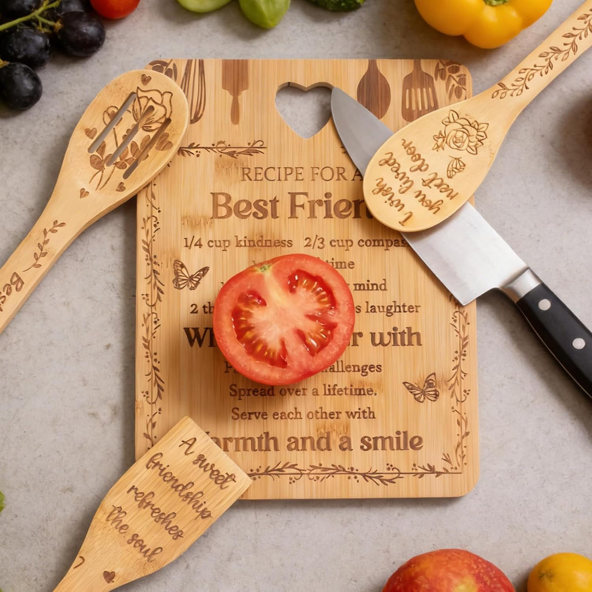 Chopping Board Set Kitchen Gift, Birthday Gifts for Sister, Unique Handmade Engraved Cutting Board with 3 Spoons