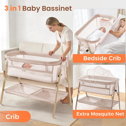 Next to Me Crib, 3 in 1 Baby Beside Crib for Babies from Birth to 9kg, Portable Travel Cot Bed with Wheels, Storage, Mosquito Net and Mattress Baby Co-Sleeper for Newborn Infant Beige