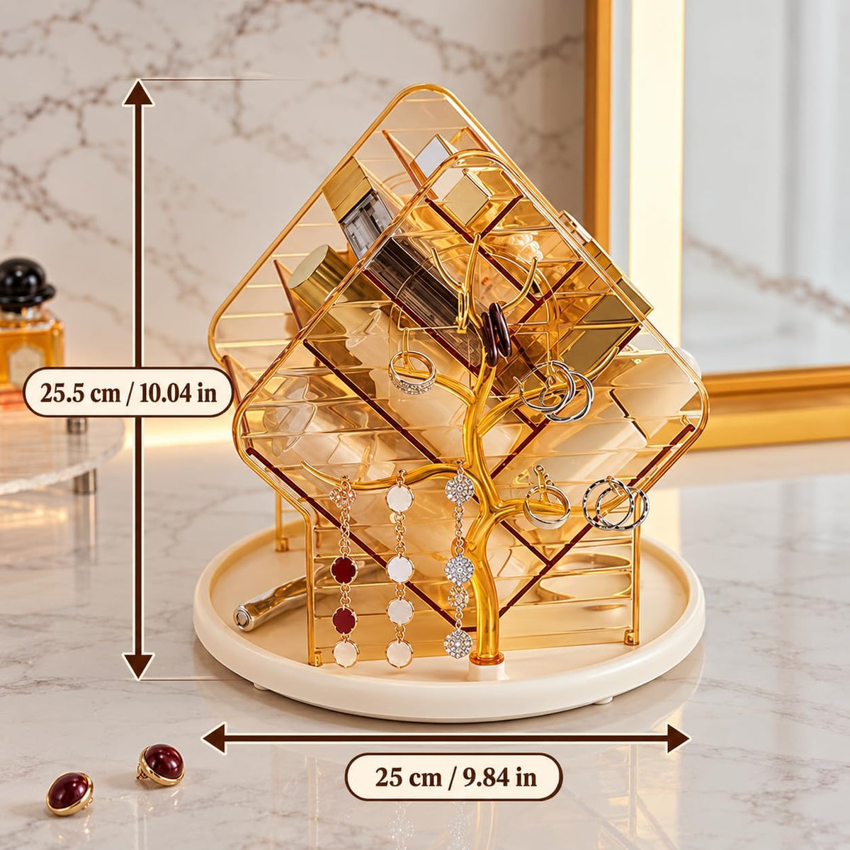 360° Rotating Makeup Organiser Jewellery Stand Amber Gold