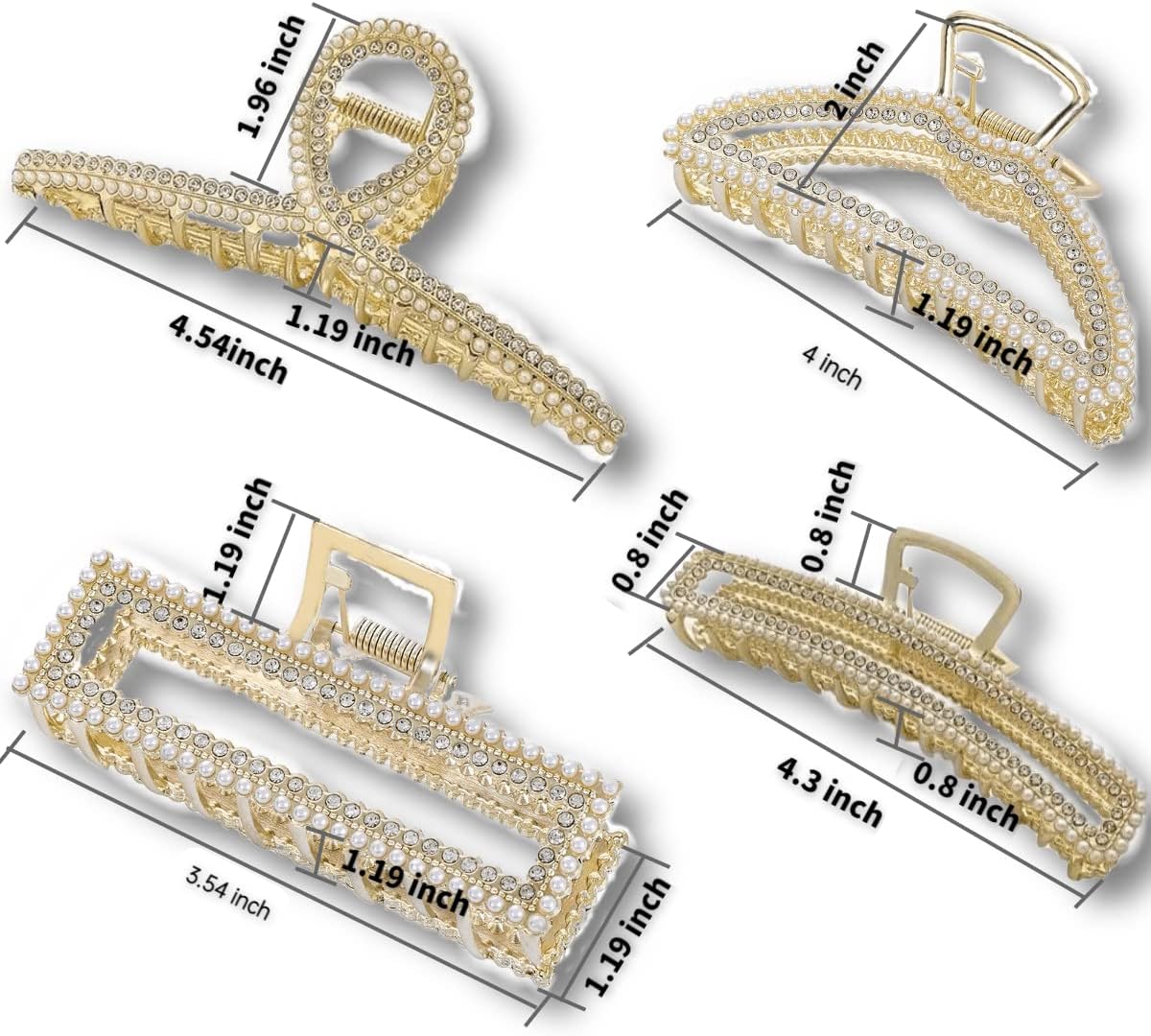 Hair Claw Clips, 4Pcs Metal Hair Clips Large Claw Hair Clips Big Jaw Clips Rhinestones Hair Claw Nonslip Pearl Gold Hair Clamps Strong Hold Hair Accessories for Women& Girls Sikypaota (4PCS)