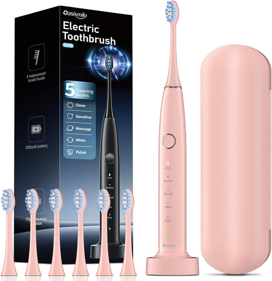 Electric Toothbrush, Rechargeable Toothbrush with 5 Modes and 6 Brush Heads, Sonic Electric Toothbrush, 2 Minute Timer, IPX7, Pink
