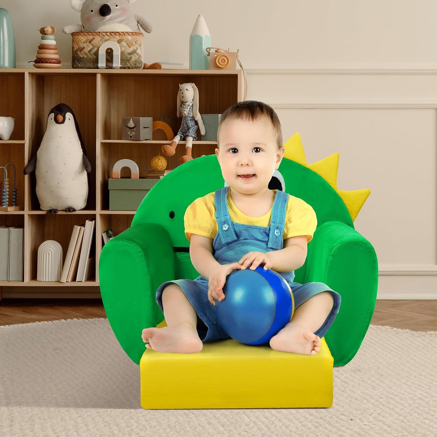 Kids Sofa Bed Dinosaur 2-in-1 Foldable Toddler Couch for Girls Boys Green