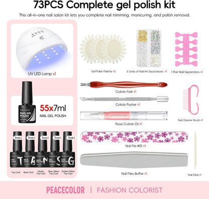 PEACECOLOR 73PCS Gel Nail Kit, 55+5 Colours Gel Nail Polish Set with Lamp, White Pink Nude Red Nail Polish, Glossy Matte Glitter Base Top Coat, Manicure Tools Nail Salon Set Gift for Women