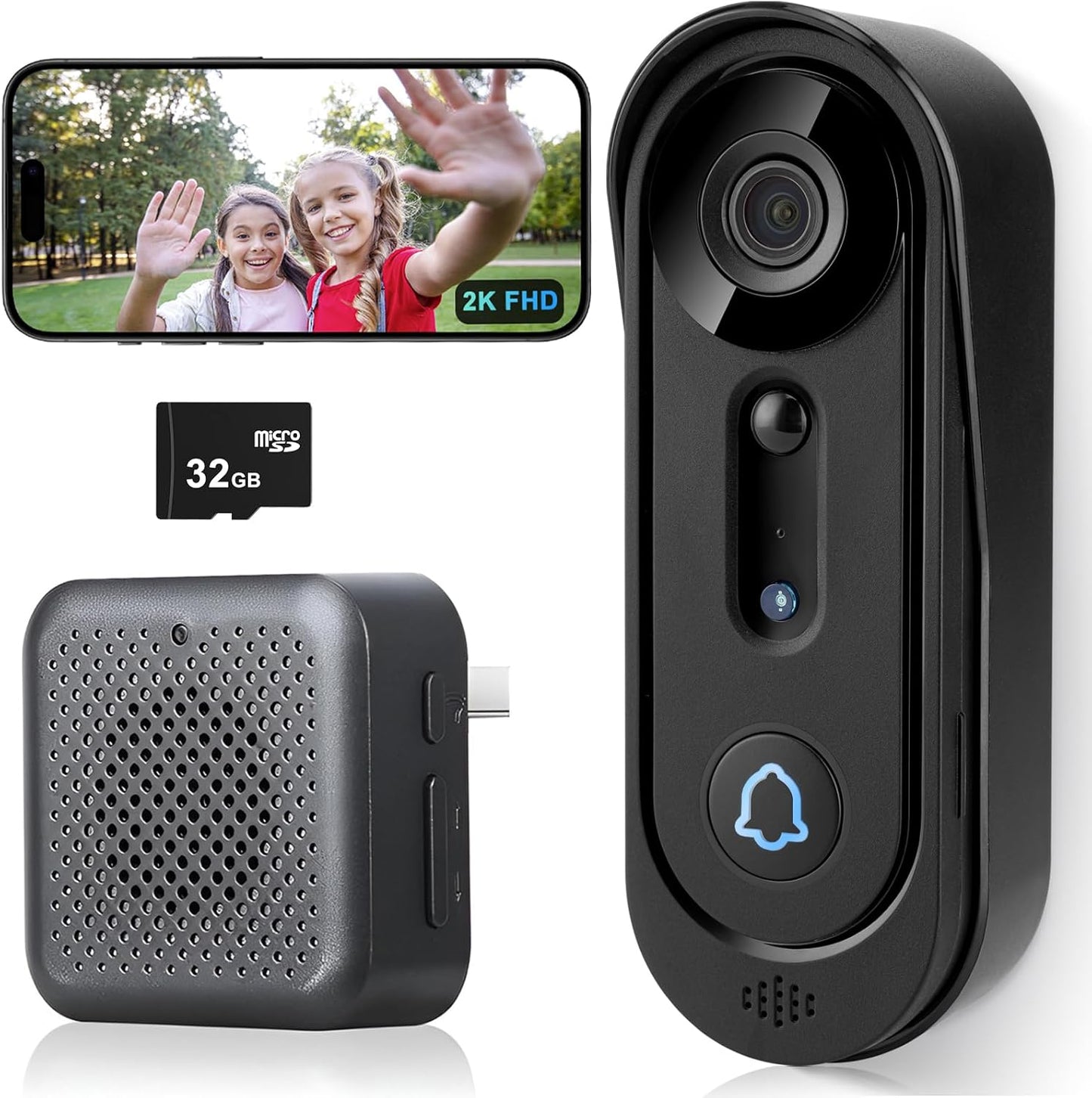 2K Wireless Video Doorbell Camera with Chime  & 32GB SD Card