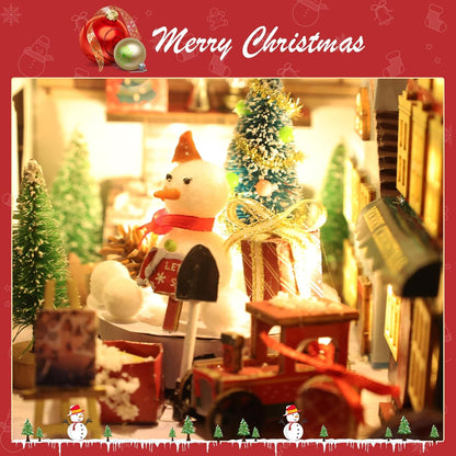 Book Nook, Christmas Miniature House Kit, 3D Puzzle Bookshelf Decoration with LED Light Dollhouse Gift Booknook Kit for Adults