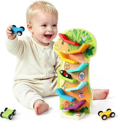 Dinosaur Wooden Car Ramp with 4 Mini Cars - Toys for 1 2 3 Year Olds Boys