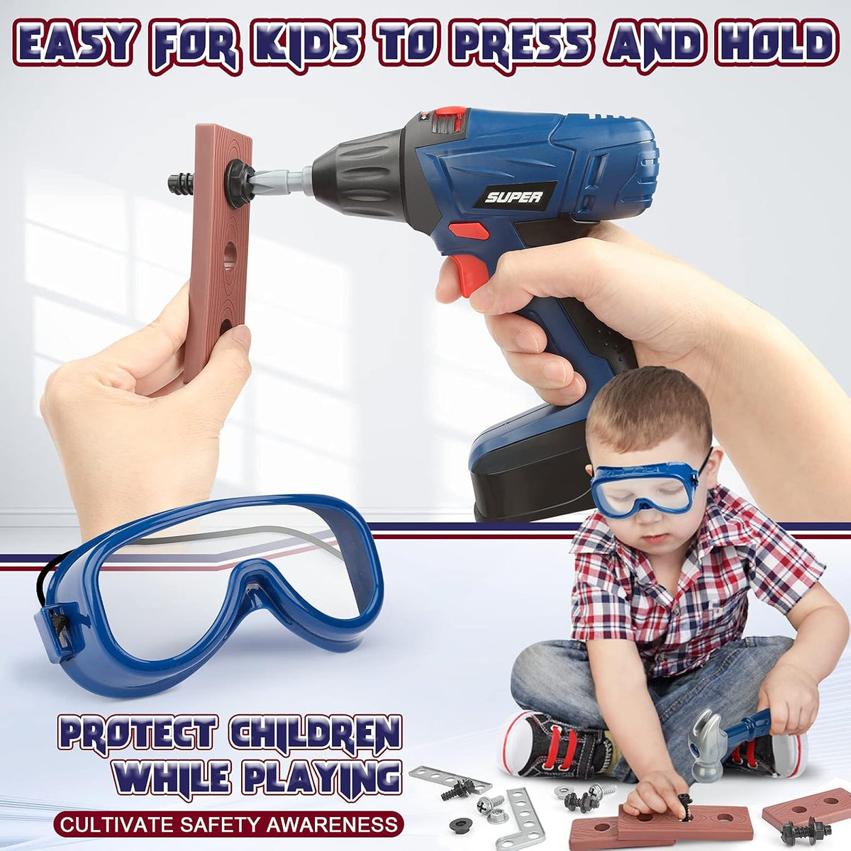 Vanplay Kids Toys Kids Tool Set Pretend Play Tools Kit with Electronic Toy Drill Tool Belt Toys for 3 4 5 6 Year Old Boys Girls (dark blue, 52 PCS)