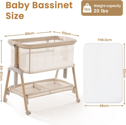 Next To Me Crib – Adjustable Baby Bed with Dropside, Premium Mattress, Breathable Mesh & Storage Shelf - No-Tool Assembly Bedside Baby Crib, Bassinet for Newborns 0–6 Months (Beige)