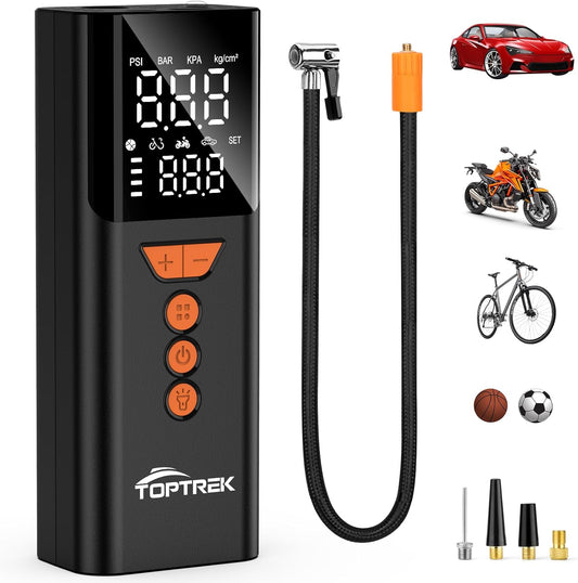toptrek Cordless Tyre Inflator Air Compressor, 150 PSI Portable Electric Tyre Pump with Preset Value, Auto Shutoff & LED Light, 4000mAh Digital Air Pump with Power Bank for Car/Motorcycle/Bike/Ball