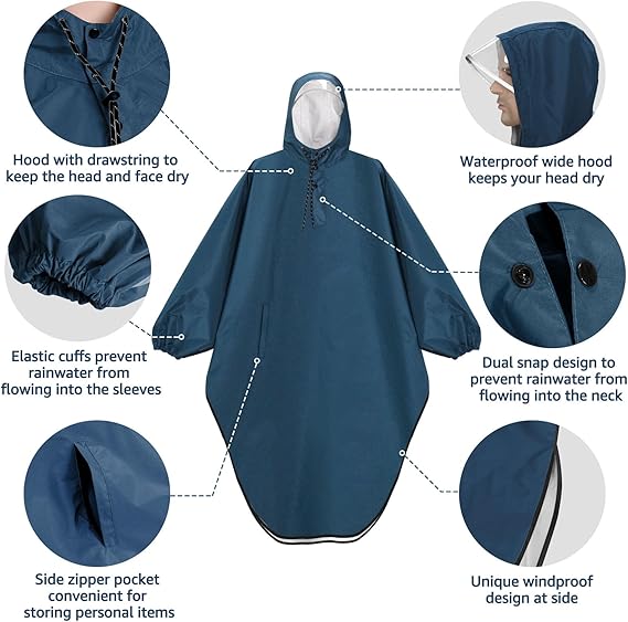 Waterproof Rain Poncho Hooded Raincoat with Sleeves