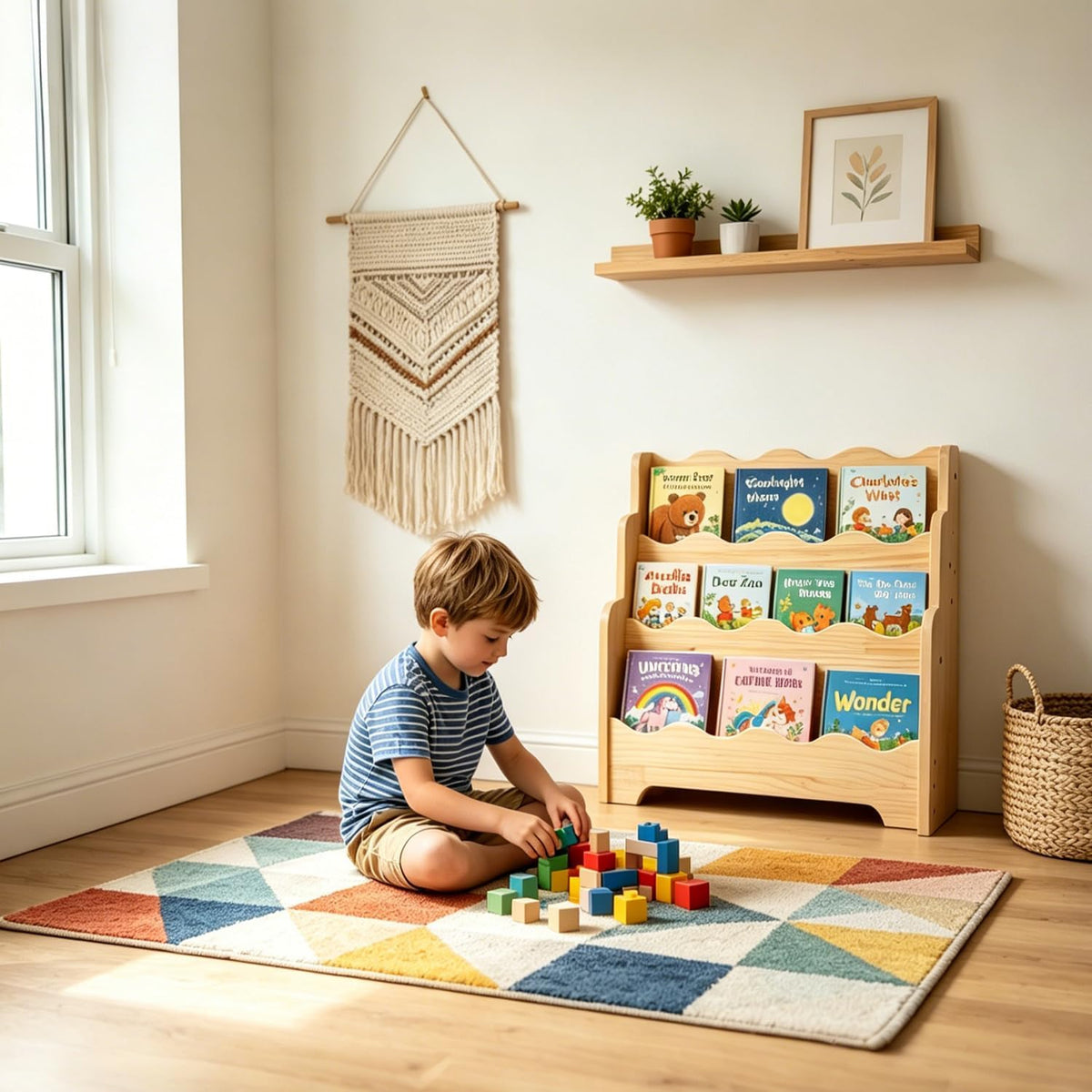 Scalloped Kids Bookshelf, 3-Tier Montessori Toddler Bookcase, Front-Facing Book Organizer with Handle, Solid Pine Wood, Nursery Book Shelves for Bedroom Playroom Classroom & Reading Corner