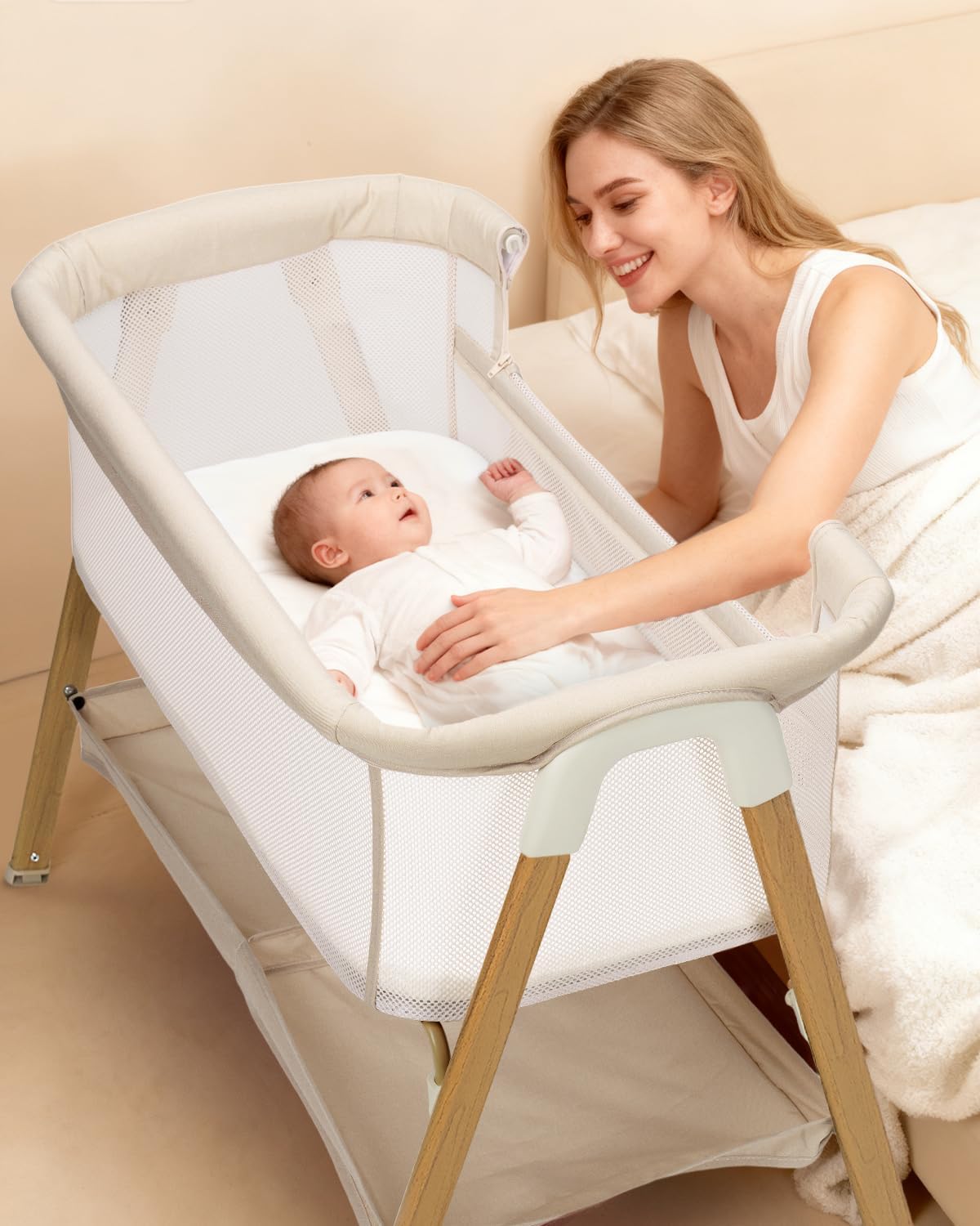 JevrJeur Baby Bassinet, Bedside Bassinet for Baby, Bassinet Bedside Sleeper with Mattress, Storage Basket and 4 Auto-Lock Wheels, Full-Mesh Sides, Bedside