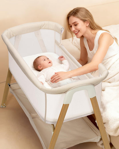JevrJeur Baby Bassinet, Bedside Bassinet for Baby, Bassinet Bedside Sleeper with Mattress, Storage Basket and 4 Auto-Lock Wheels, Full-Mesh Sides, Bedside