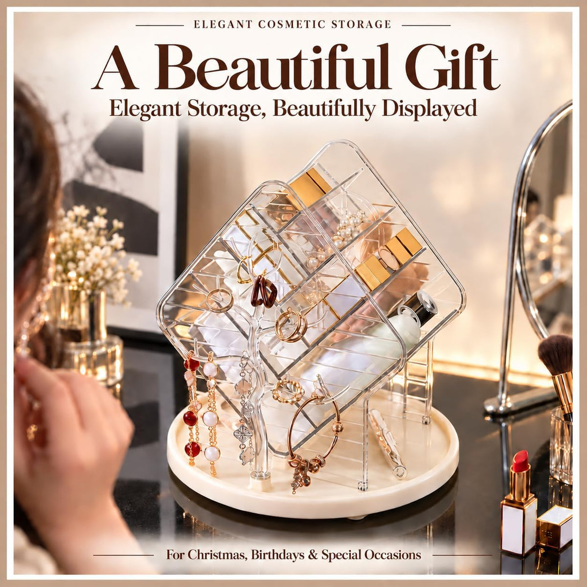360° Rotating Makeup Organiser Jewellery Stand Amber Gold