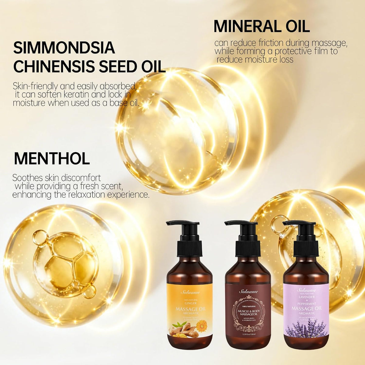 Body Massage Oil for Skin Moisturizing Soothing and Relaxing, 3 Pack Massage Oils with Massage Roller Ball and Thumb Saver Tool, Presents for Men and Women 150ml x 3