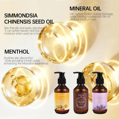Body Massage Oil for Skin Moisturizing Soothing and Relaxing, 3 Pack Massage Oils with Massage Roller Ball and Thumb Saver Tool, Presents for Men and Women 150ml x 3