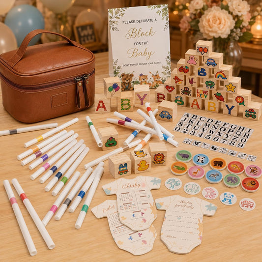 133 Pcs Baby Shower Games Sign Kit with 52Pcs Wooden Blocks | Creative Baby Shower Ideas for Guests, DIY Drawing for Gender Reveal Activity & Baby Shower Decorations