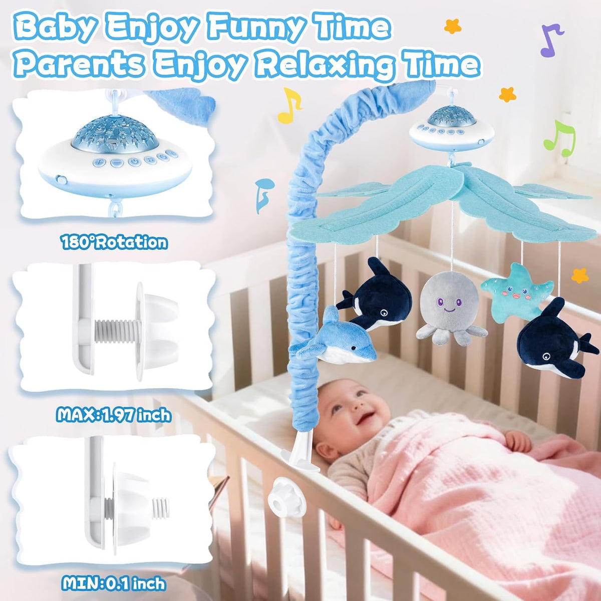 VZO Baby Cot Mobile, Crib Mobile with Music and Projection, Musical Cot Mobiles for Babies, Baby Nursery Cot Mobile Decor Blue