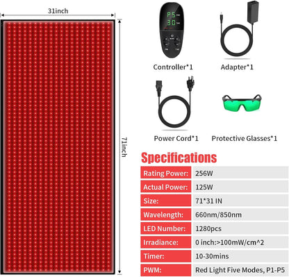Red Light Therapy Mat,Red Light Therapy for Body Pain Relief 1280 PCS LEDs 71'' x 31'' Red Light Therapy Pad with Red Light and Infrared LED Beads Large Mat for Full Body Skin Health