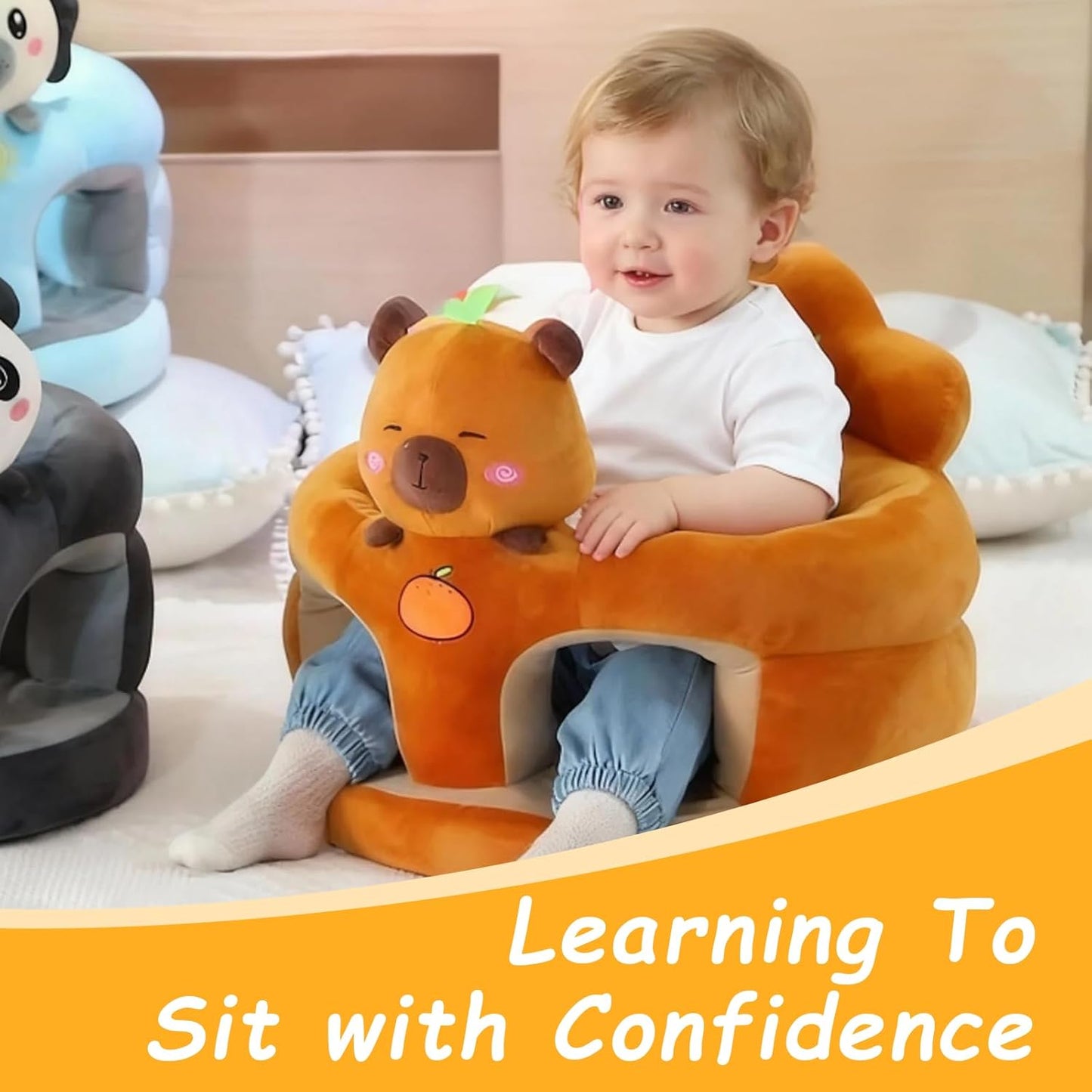 Baby Support Seat with Cute Panda Design, Soft Plush Infant Sitting Chair, 360° Upright Support, Non-Slip Base, Removable & Washable Cover for 3-12 Months Baby's Boys Girls (Fox)