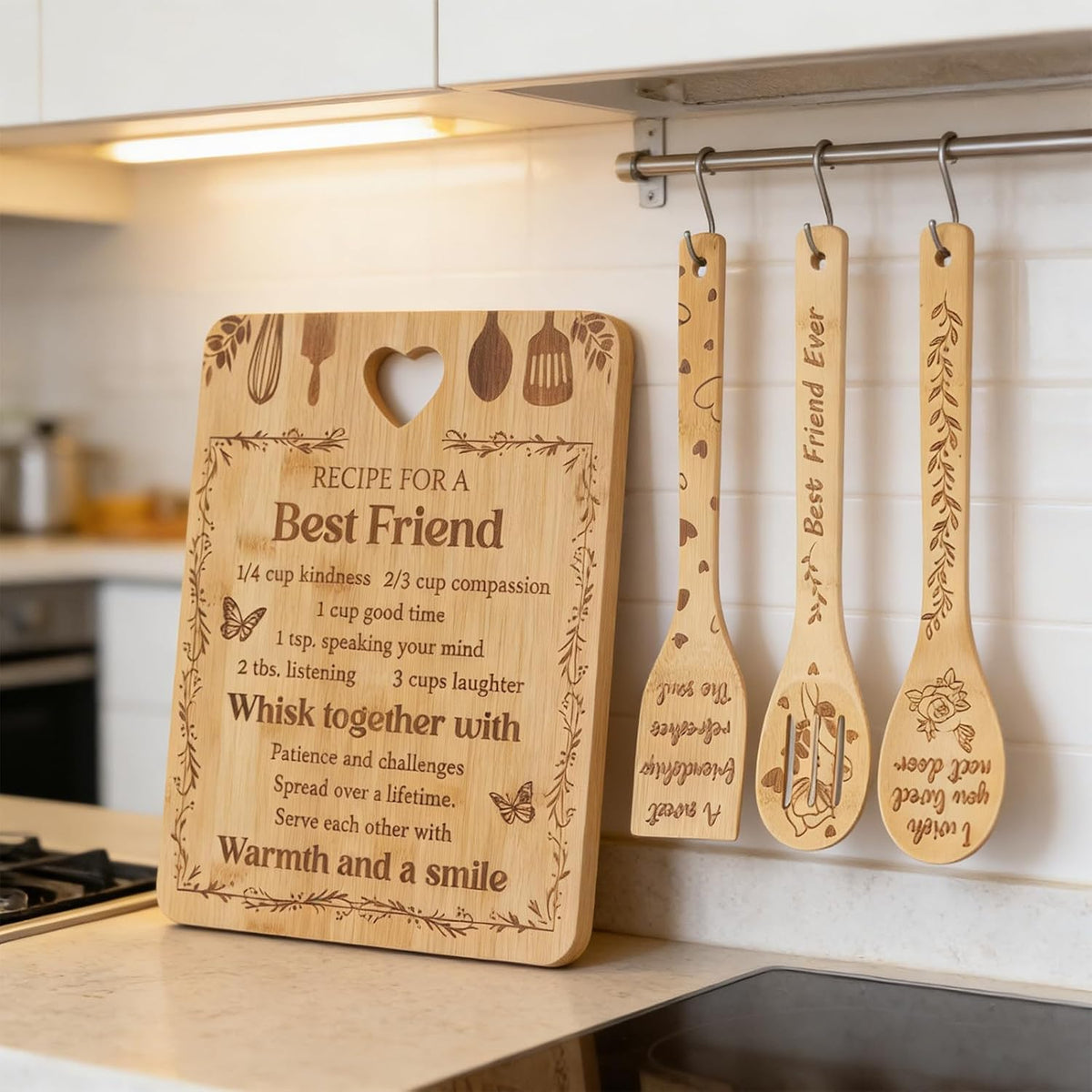 Chopping Board Set Kitchen Gift, Birthday Gifts for Sister, Unique Handmade Engraved Cutting Board with 3 Spoons